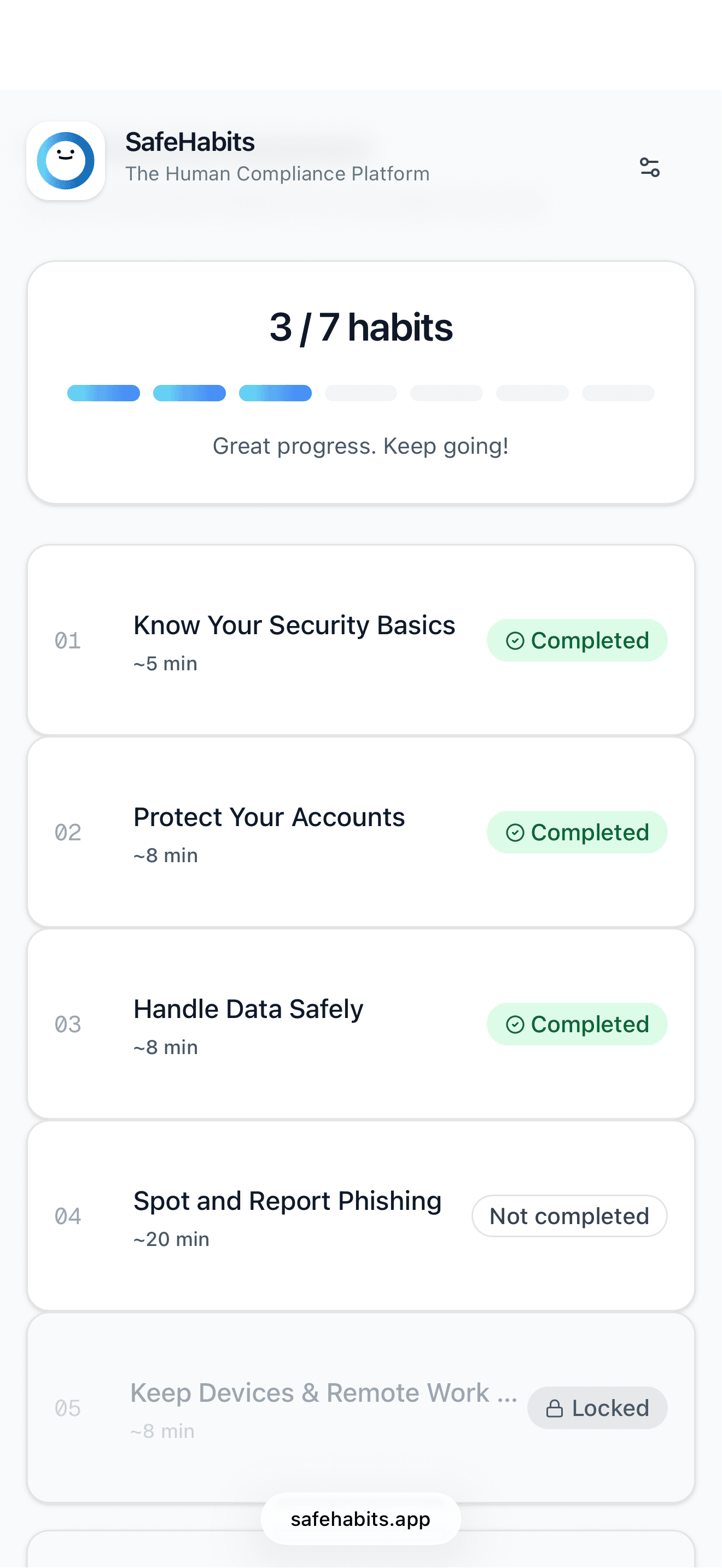 SafeHabits mobile experience